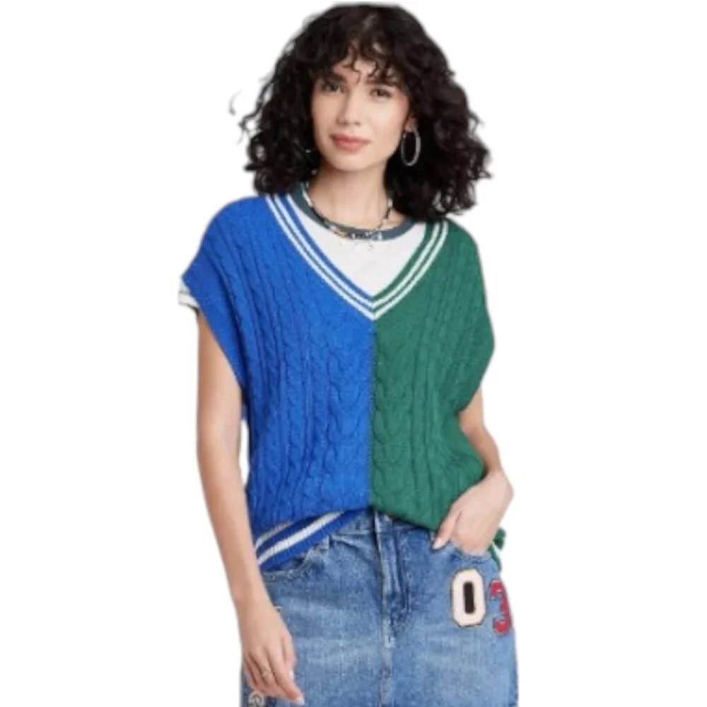 Wild Fable Color Block Vest Size Medium Green and Blue V Neck Academia Vibes - Picture 1 of 7